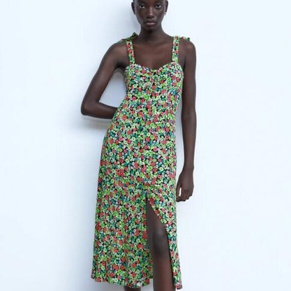 Zara Floral Print Green Pink Midi Dress NWT Size XS - Picture 1 of 16